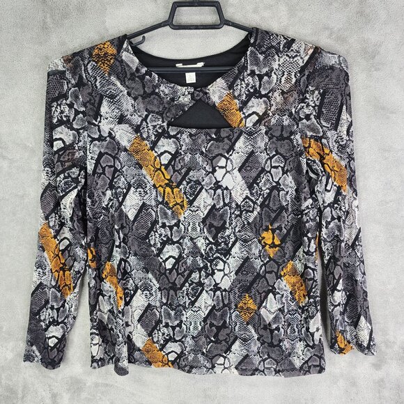 Womens Est. 1946 Gray Orange Snake Print Top Blouse Long Sleeve Keyhole Neck L - Picture 2 of 8